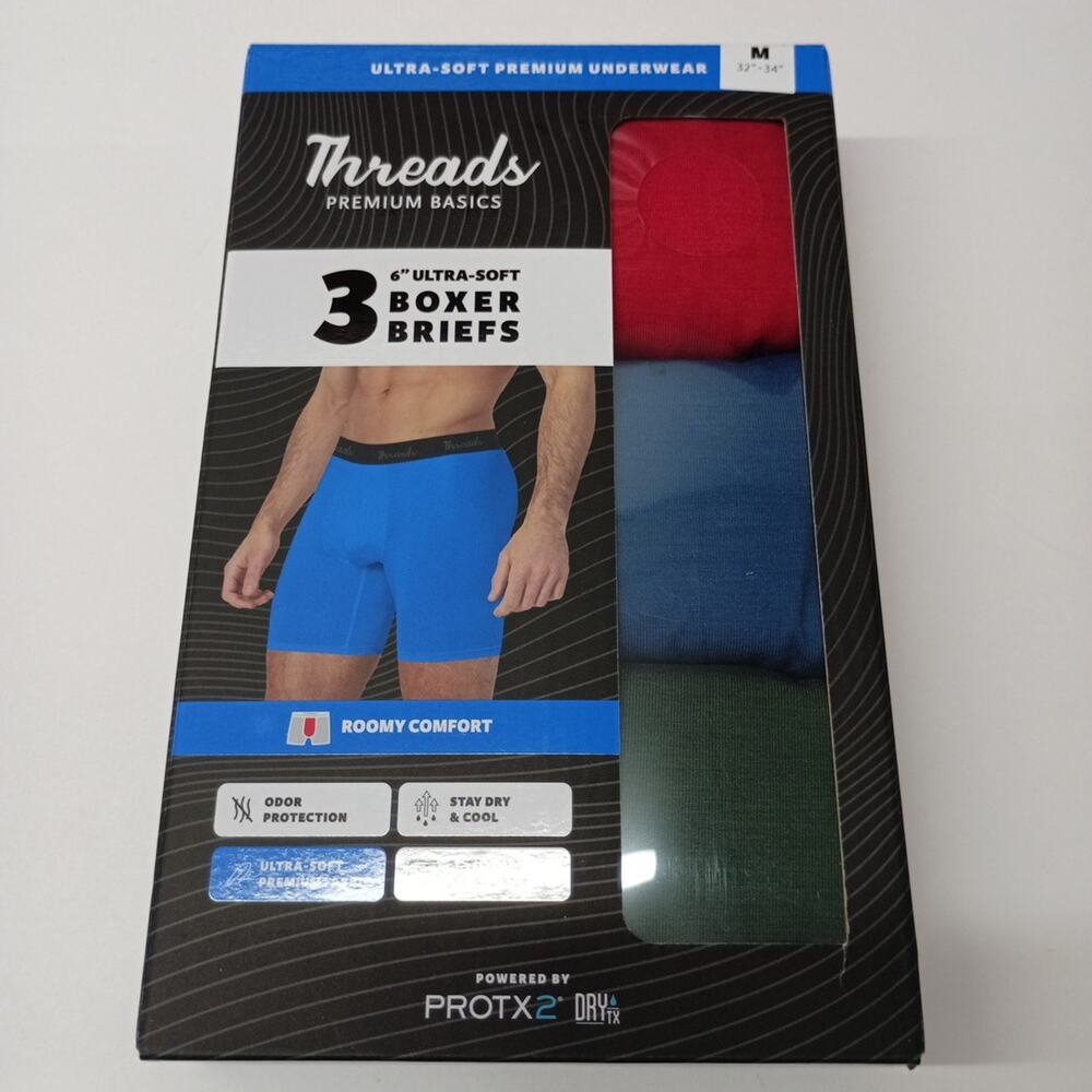 Threads Men's Underwear, 6" Ultra-Soft Premium Boxer Briefs 3-Pack Size M 32-34"